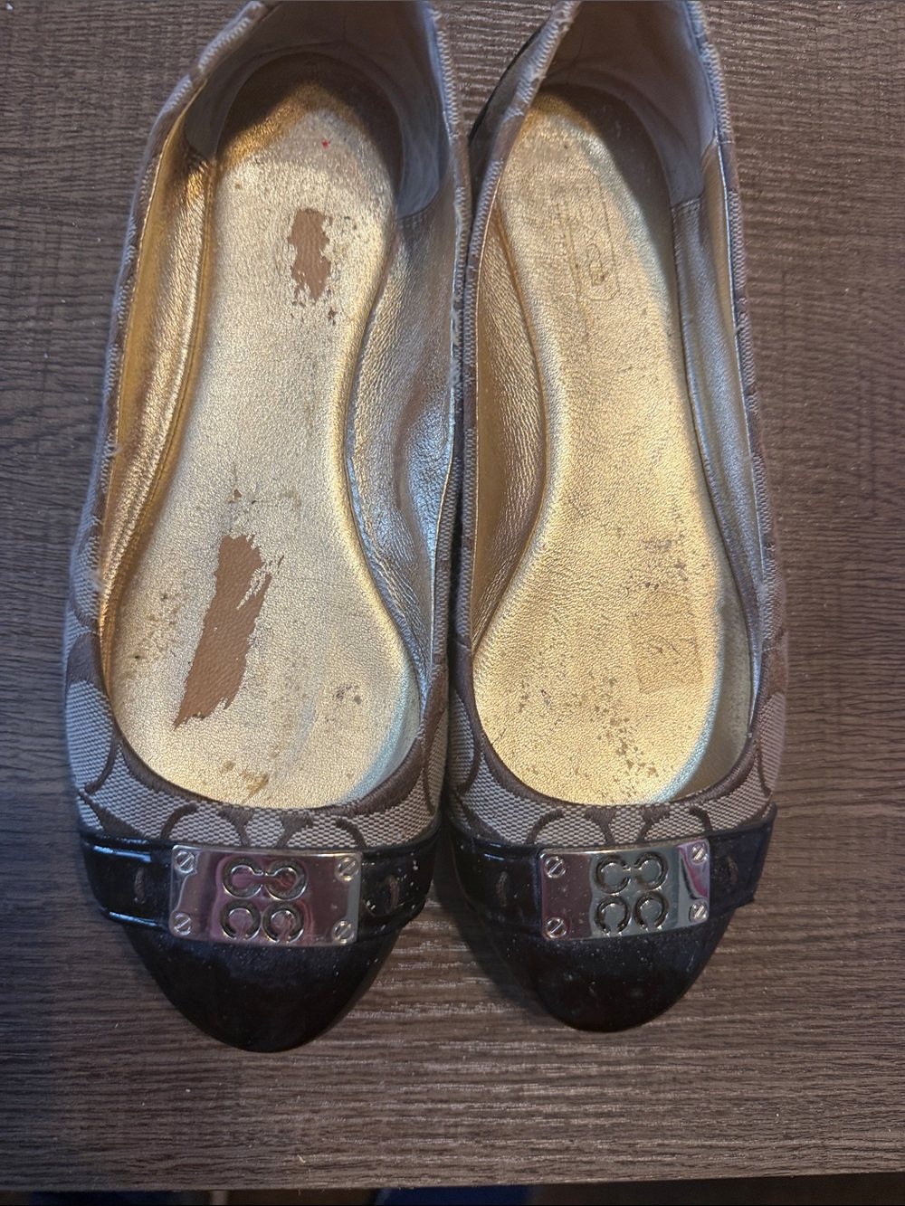 Coach Brown Logo Canvas Flats with Black Patent Toe